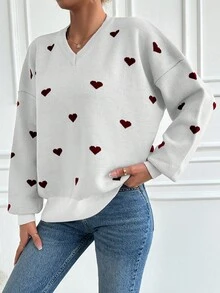 EURMUSE Heart Pattern Drop Shoulder Sweater - Beige - View 3