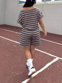 Muchica Plus Size Summer Casual Striped T-Shirt And Shorts 2 Pieces Set - Multicolor - View 2