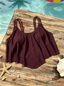 Swim Lushoire Top de traje de baño de talla grande para vacaciones de verano en la playa, unicolor, dobladillo asimétrico y tirantes de espagueti - Burdeos - Ver 1