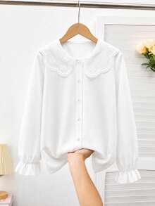 SHEIN Girls' Elegant Cute Embroidered Lace Petal Collar Princess Long Sleeve Button-Front Single-Breasted Casual Fashion Blouse, School, Birthday, Fall - White - View 5