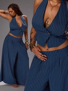 Rustia Plus Size Women's Striped 2 Pieces Set, Blue And White Striped Vest And Wide Leg Pants, Casual Sexy Commute Fashion Going Out Vacation Summer - Blue - View 1