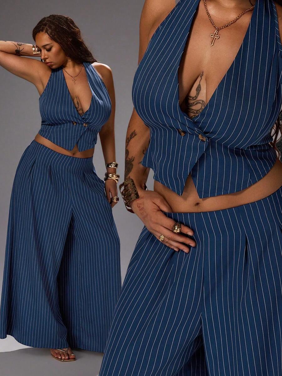Rustia Plus Size Women's Striped 2 Pieces Set, Blue And White Striped Vest And Wide Leg Pants, Casual Sexy Commute Fashion Going Out Vacation Summer - Blue - View 1