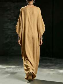Everyssa Bohemian Style Relaxed Lazy Linen Batwing Sleeve Robe Vacation Style Long Dress - Khaki - View 2