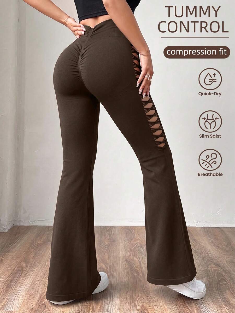 SHEIN Sports Women's Solid Color High Waist Ruched Hip Flared Butt Lifting Leggings - Brown - View 1