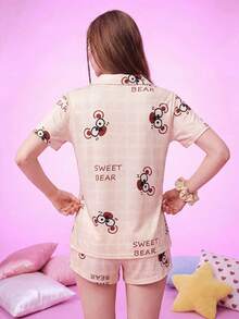 Notgurli Women's Summer Printed Lapel Cardigan Short Sleeve Shorts Casual Minimalist Comfortable Loungewear Pajama Set - Multicolor - View 2