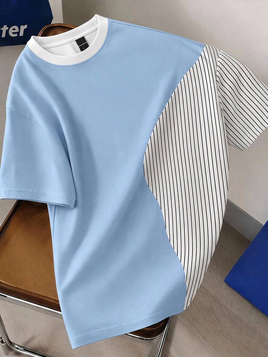 Manfinity Hypemode Men's Colorblock Striped Short Sleeve T-Shirt, Suitable For Casual Daily Wear, Refreshing Summer Choice - Multicolor - View 1