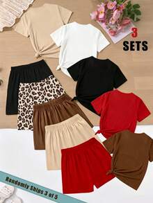 SHEIN Sparklyn (3 Random Item From 5) Summer Girl's Big Boy Grid Ripple Dot Leopard Pattern Love Pattern Printed Basic Short T+Shorts Set Six Piece Set - Multicolor - View 2