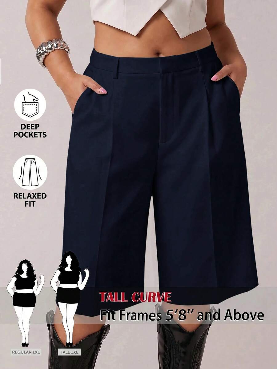 SHEIN Tall CURVE 大尺碼女款純色口袋休閒百搭日常短褲 - 藏蓝色 - 查看 1