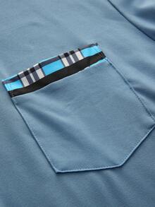 Courvante Plus Size Men's Casual Business Patchwork Plaid Print Short Sleeve Polo Shirt, Summer, Formal - Dusty Blue - View 6