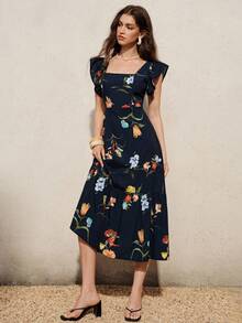 BELROSIE Ditsy Floral Design Flutter Sleeve Square Neck Tie Back Pleated Hem Midi Dress For Women Vacation Navy Blue Floral Summer Romantic Elegant - Multicolor - View 7