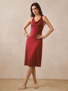 Hourtrue 3D Lace Mesh Long Robe, Cowl Neck Knit Cami Robe, Women's Sleepwear Set - Burgundy - View 4