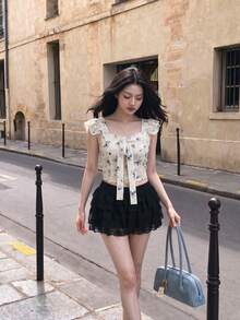 SHEIN MOD Women Summer Floral Print Ruffle Trim Tank Top - White - View 3