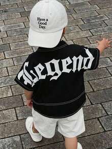 SHEIN 100% Baumwolle Baby Jungen/Mädchen/Kleinkind Junge Lässige vielseitige Mode Buchstaben Muster Schwarz Kurzarm Hemd, geeignet für Innen, Außen, Alltag, Sport, Spiel, Party, Fotoshooting, Urlaub, Frühling/Sommer - Schwarz - Übersicht 2