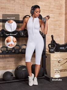 Mono deportivo ajustado de manga corta blanco para mujer Powerista, para fitness, gimnasio, running y yoga, estilo pitalles, moda para otoño e invierno, verano y otoño - Blanco - Ver 1