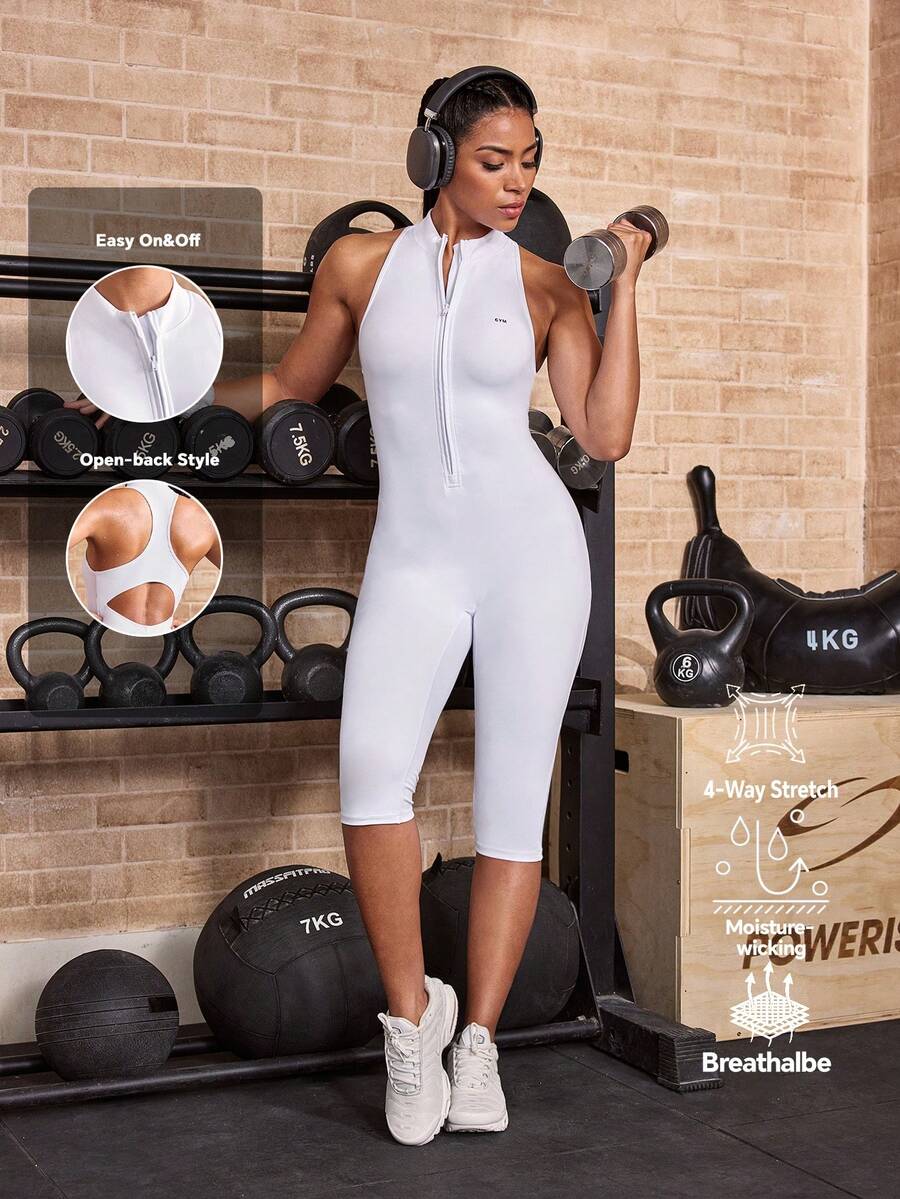 Mono deportivo ajustado de manga corta blanco para mujer Powerista, para fitness, gimnasio, running y yoga, estilo pitalles, moda para otoño e invierno, verano y otoño - Blanco - Ver 1