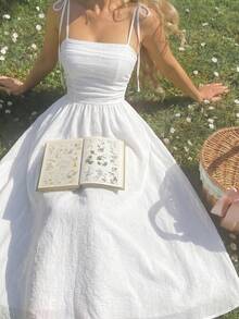 SHEIN MOD فستان صيفي للنساء بلون عادي منسدل مع شريط مكشكش على الكتف ومشدود - أبيض - مشاهدة 6