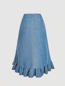 Sweetra Rok Denim Kasual Modis dengan Ikat Pita dan Hem Bergelombang - Medium Wash - View 2