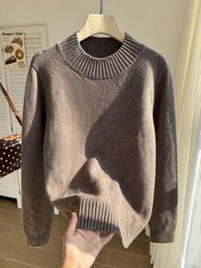 Comfortcana Plus-Size Casual Baggy Retro Simple Pullover Stand Collar Sweater Brown Fitted Slimming Autumn Thanksgiving Formal Graduation Vacation - Brown - View 5