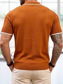 Manfinity Homme 男士鏤空提花針織開襟 Polo 衫，夏季對比色翻領短袖襯衫，休閒商務穿搭 - 咖啡棕 - 查看 2