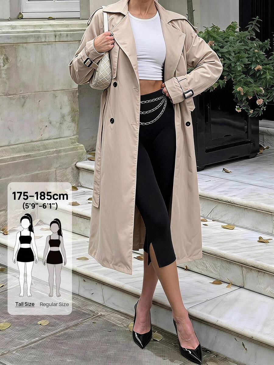 SHEIN Tall Áo khoác trench coat hai hàng cúc có thắt lưng cho mùa Thu/Đông - Màu be - Xem 1