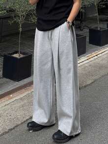DAZY Men's Long Gray Pleated Design Elastic Waist Loose Wide Leg Sweatpants - Light Grey - View 4