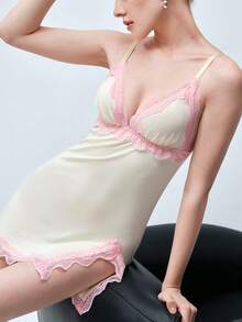 Softvol 女士黄粉蕾丝拼接露背睡裙 - 黃色 - 查看 8