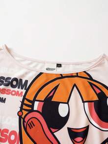 THE POWERPUFF GIRLS X SHEIN Women's Cartoon Pattern Letter Print Contrast Color Fashion Cute Y2k T-Shirt School Teacher White Summer - Pink - View 4