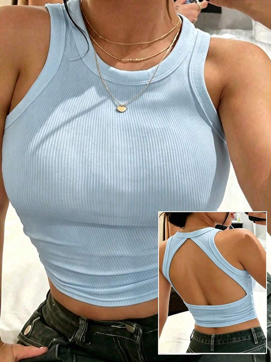 Rovax Women's Solid Color Ribbed Crew Neck Backless Tank Top - Blue - View 1