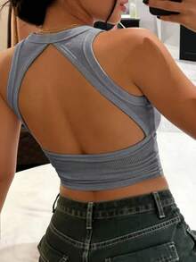 Rovax Women's Summer Casual Daily Commute Minimalist Versatile Solid Color Ribbed Knit Backless Slim Fit Cropped Tank Top - Dark Grey - View 2