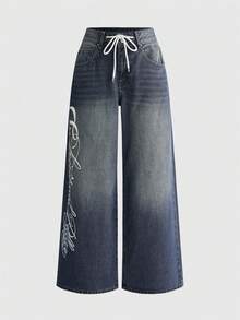ROMWE Y2K Casual Low Waist Wide Leg Printed Denim Jeans For Women - Blue - View 1