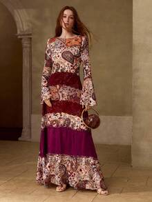 MOTF PREMIUM WOMEN'S PRINTED LACE PATCHWORK BELL SLEEVE DRESS, AUTUMN/WINTER - Multicolor - View 4