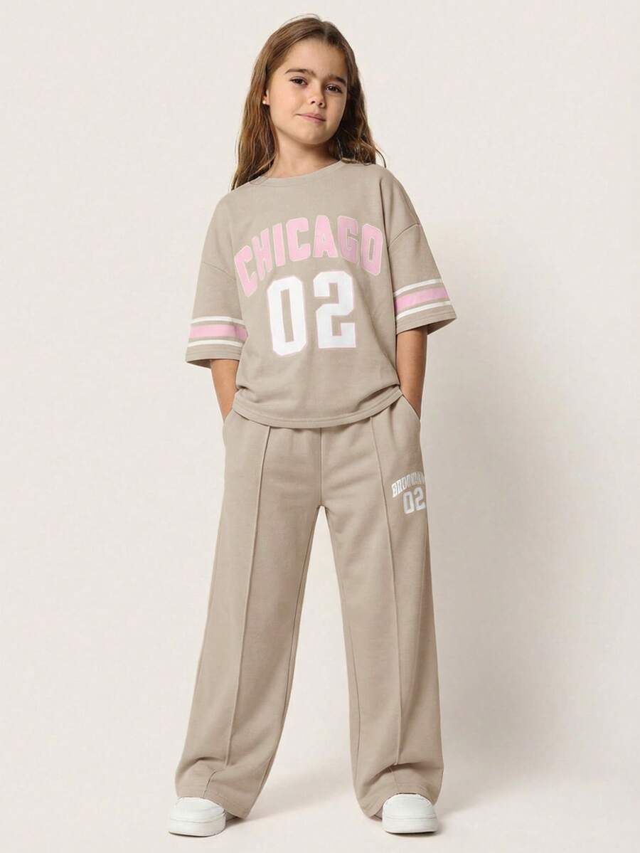 SUMWON Chicago Oversized Tee And Matching Joggers Co-Ord Set With Varsity Stripe Sleeves Number Print - Khaki - View 1