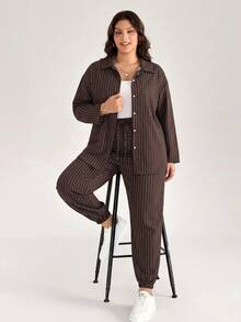 Comfylo Plus Size Women's Striped Long Sleeve Top And Pants Casual Daily 2 Pieces Set Fall - Coffee Brown - View 1