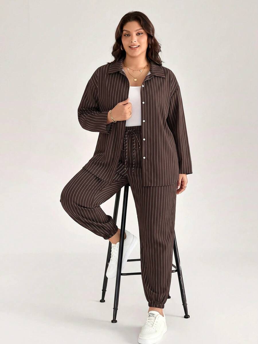 Comfylo Plus Size Women's Striped Long Sleeve Top And Pants Casual Daily 2 Pieces Set Fall - Coffee Brown - View 1