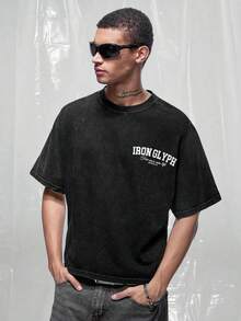 IRON GLYPH Men's Shoulder Sleeve Washed Letter Print T-Shirt - Black - View 4