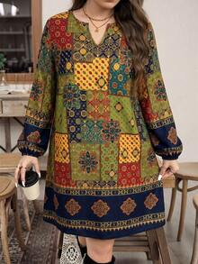 SHEIN LUNE 大尺碼女款全印花休閒 90 年代傳統 70 年代日常秋季連身裙 度假派對 深綠色 - 彩色 - 查看 1