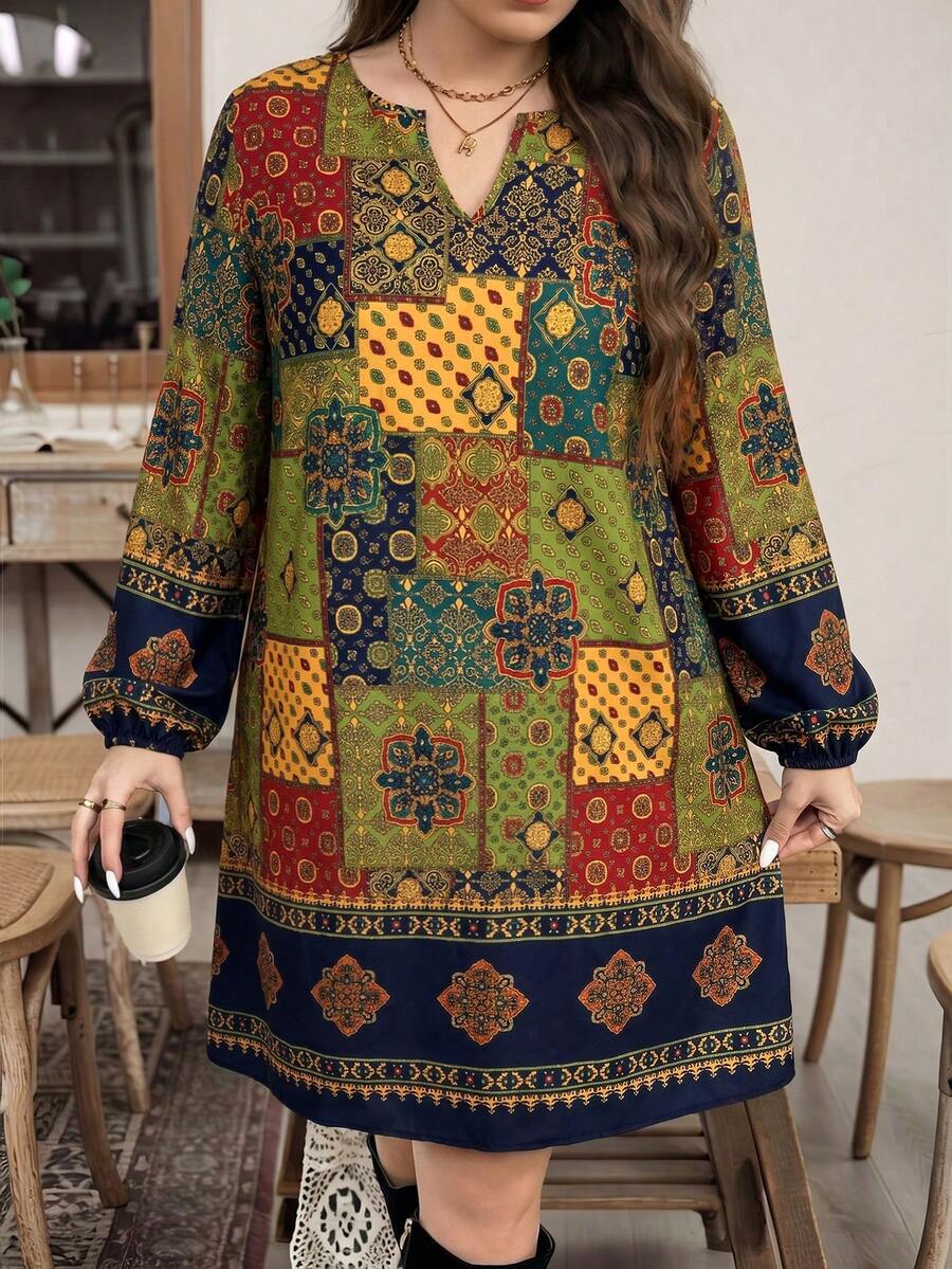 SHEIN LUNE 大尺碼女款全印花休閒 90 年代傳統 70 年代日常秋季連身裙 度假派對 深綠色 - 彩色 - 查看 1