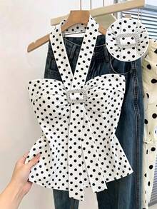 SHEIN Franclia 女士波点露背褶皱时尚百搭休闲上衣 - 白色 - 查看 4