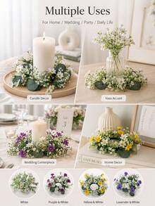 Haus Hana Artificial Daisy Candle Ring Wreath Decor, White Floral Table Centerpiece Ornament For Wedding Banquet Dinner Table Arrangement, Faux Flower Candle Holder Garland Home Desktop Party Layout Prop Reusable Tabletop Decor - Multicolor - View 11
