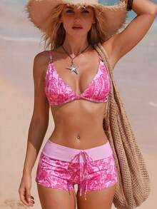 Bonvoyette Spring/Summer 2 Pieces Women's Beachwear Set Fashionable Cute Sexy Tropical Vacation Seaside Swimming Pool Party Beach Random Print Multi-Color Pink - Multicolor - View 4