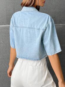 SHEIN Girls' Blue Denim Loose Cropped Shirt Summer World Cup Independence Day Beach Graduation - Blue - View 7
