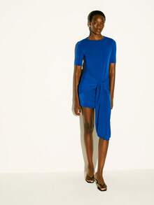 KSTM Short Sleeve Mini Dress With Front Knot Detail And Asymmetric Draped Hem For Summer Brunch Royal Blue Minimalist Elegant - Blue - View 6