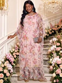 Fleurora Plus Size Women's Floral Print Ruffle Hem Loose Elegant Ninang Dress Wedding Pink Floral Summer - Pink - View 4