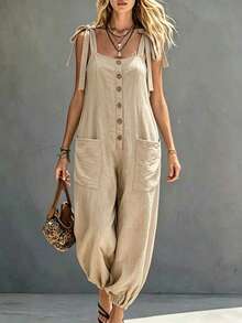 LUMIGAL Women's Casual Solid Color Tie Strap Jumpsuit - Apricot - View 1