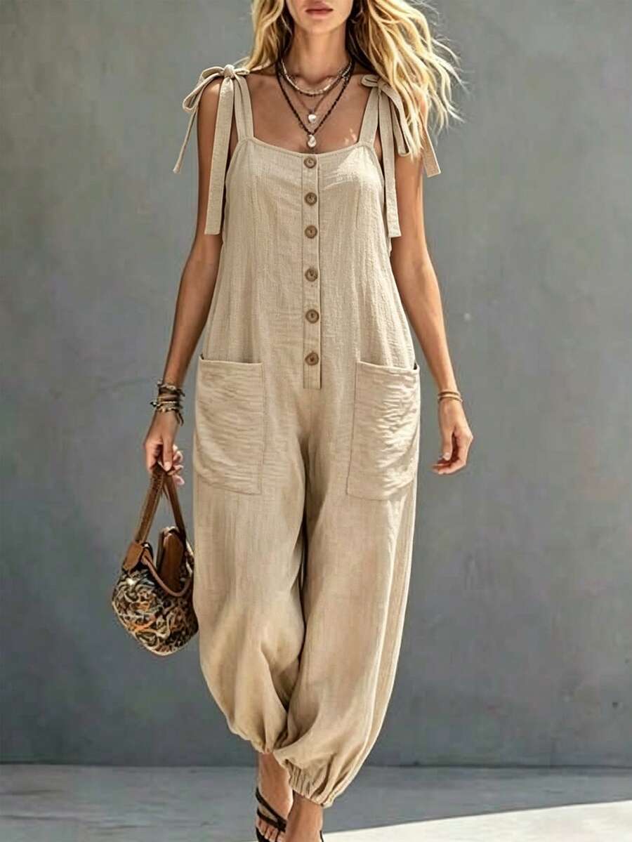 LUMIGAL Women's Casual Solid Color Tie Strap Jumpsuit - Apricot - View 1
