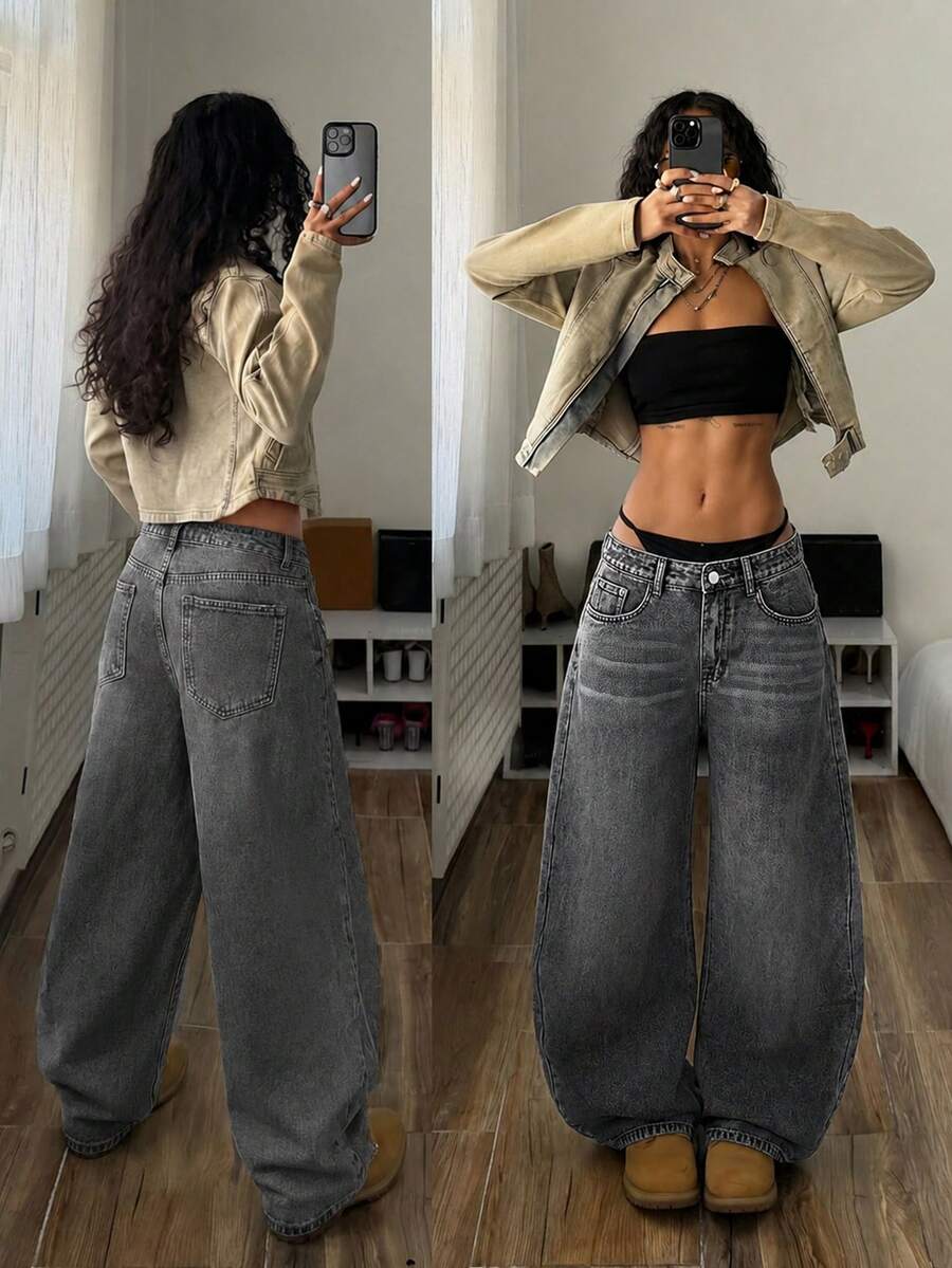 Jeanoix Petite Women's Y2K Loose Wide Leg Casual Denim Pants With Pockets - Grey - View 1