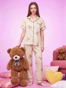 Provexi Provexi Women's Milk Coffee Color Vertical Stripe Teddy Bear Print Collared Trim Short Sleeve & Long Pants 2 Pieces Pajama Set - Multicolor - View 6
