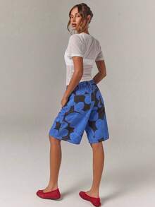 Athîral Denim Women's Dark Blue Floral Print Low Waist Wide Leg Y2k Disco Jeans, Oversize Pants, Bermuda, Rave Concert Outfits, Summer - Blue - View 2