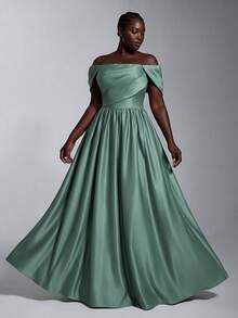 Elitara Plus Size Elegant Classy Formal Romantic Sage Green Off-Shoulder Ruched Pleated Puff Sleeve A-Line Evening Dress For Party Wedding Guest Dinner Date - Green - View 5