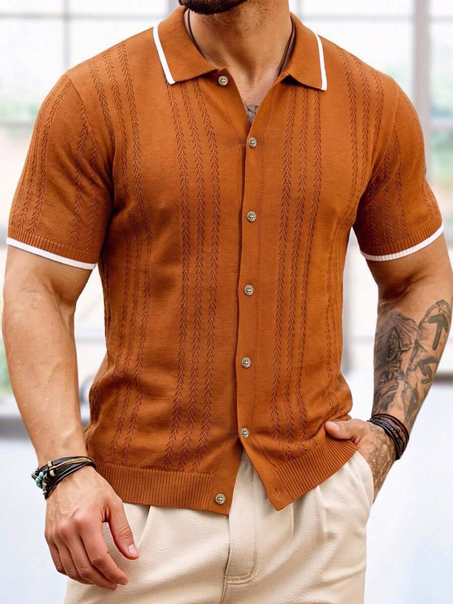 Manfinity Homme 男士鏤空提花針織開襟 Polo 衫,夏季對比色翻領短袖襯衫,休閒商務穿搭 - 咖啡棕 - 查看 1